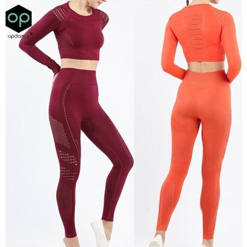 Women Energy Seamless Yoga Sets Sexy Breathable Mesh Knitted Gym Set 2 Piece Sportswear Long Sleeve Top+High Waist Yoga Leggings