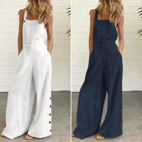 Women Rompers Sleeveless Buttons Pockets Wide Leg Jumpsuit Overall Work Clothes Summer Loose Jumpsuits Clubwear