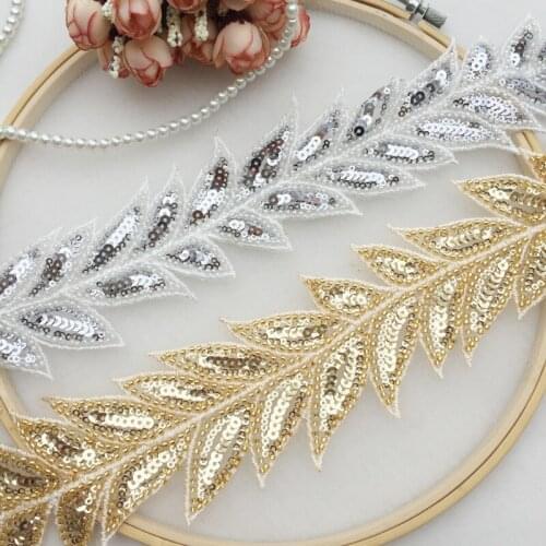 1 Meter Long Delicate Leaf Sequins Pearl Mesh Lace Trim Gold Silver DIY Sewing Trim Lace Fabric 7CM Wide