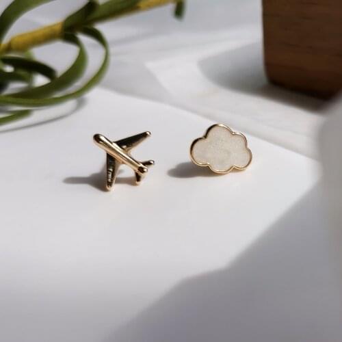 Factory Sale Cute Mini Asymmetric Aircraft Airplane Clouds Earrings Small Student Metal Vintage Enamel Jewelry For Women