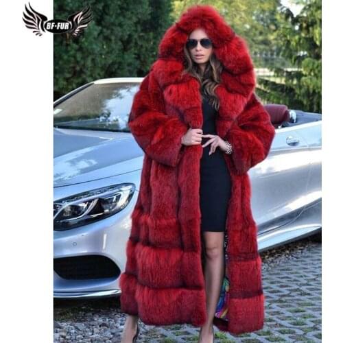 BFFUR Winter Fashion Real Fur Coats For Women 120cm Long Genuine Fox Fur Jackets With Hood Thick Warm Fur Overcoats Plus Size