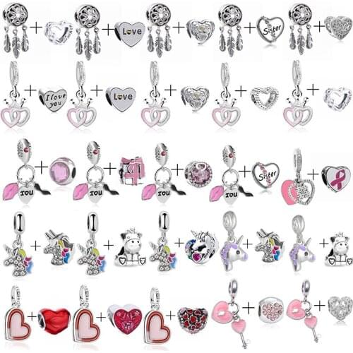 2Pcs Christmas Gift Fearther & Love Heart Beads Charms Pendant fit Original Brand Bracelets Necklaces for Women Jewelry Making