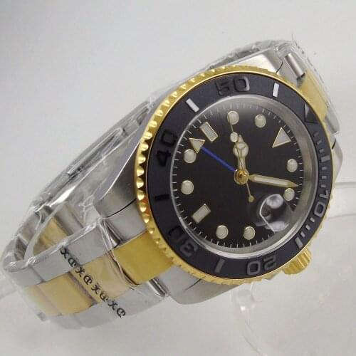 40MM Sterile Dial Sapphire Glass Yellow Gold Plated Ceramic Bezel Date Glass Case Back GMT Automatic Mens Wristwatch