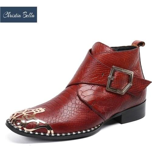 Christia Bella Winter Fashion Genuine Leather Men Ankle Boots Male Buckle Party Dress Boots Cowboy Short Boots Plus Size Botas
