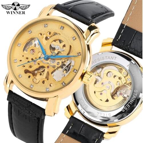 Business Automatic-self-winding Watch for Women Golden Hollow Skeleton Mechanical Watches for Men Fashion Blue Element Pointer