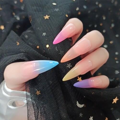 Long Stiletto Fake Nails Rainbow Color Full Cover False Nails with Glue Nail Decoration Artificial Nail Art Tips Faux Ongles