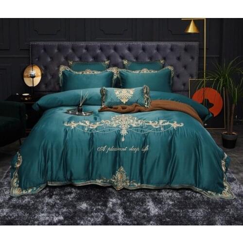 European Palace Golden Embroidery Dark Green Silk Cotton Bedspread Bedding Set Duvet Cover Fitted Bed Sheet Linen Pillowcases