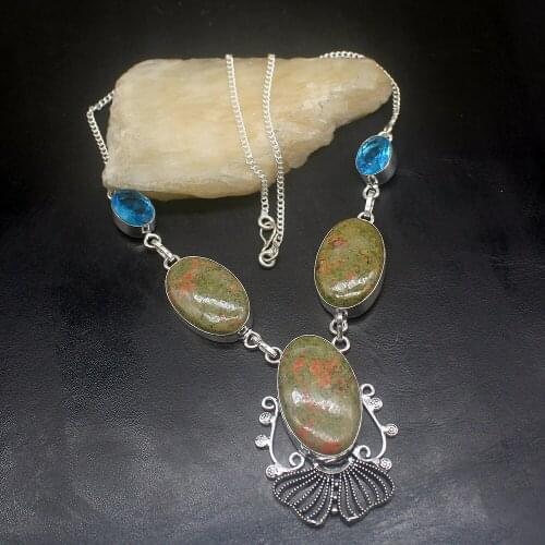 Gemstonefactory Jewelry Big Promotion 925 Silver Natural Green Unakite Ocean Blue Topaz Women Chain Necklace 48cm 202101366