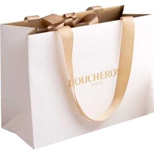 China well made customized ribbon handle stand up white paper bag with logo