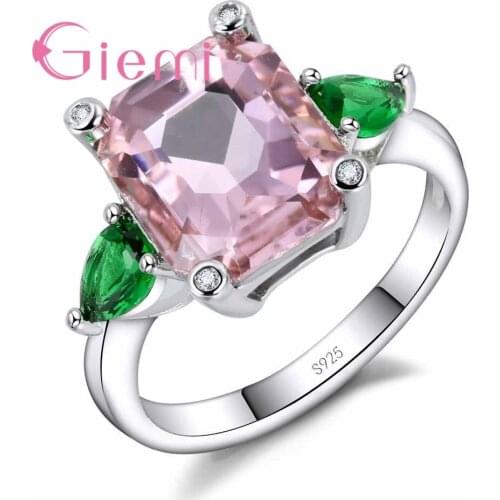 Beautiful Pink Flowers Green Leaves Square Stone Crystal Rings Plant Patterns Engagement Jewelry 925 Sterling Silver