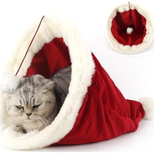Pet Cave Bed Red Color Sweet Cat Bed Plush Warm Sleeping Bed House With Hanging Ball For Pet Dogs Cats Christmas Gifts