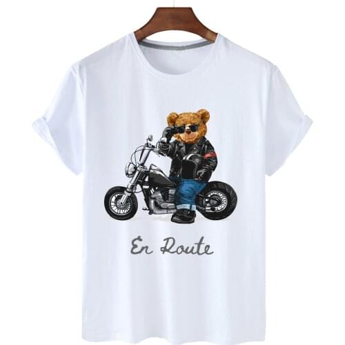 Pure Cotton Motorcycle Cool Handsome Bear Print Short-sleeved O-neck Loose Casual Top T-shirt Male Oversized T-shirt S-3XL