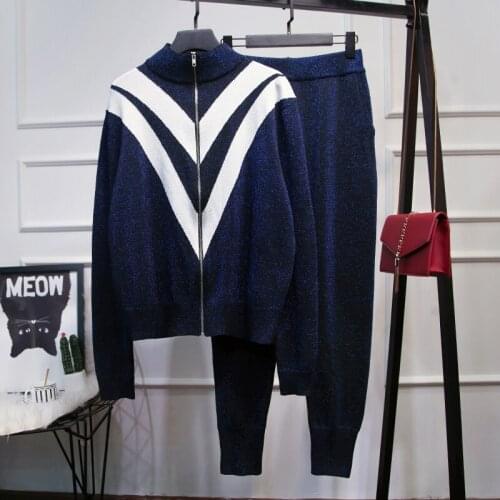 2021 spring new womens suit fashion bright silk long-sleeved knitted cardigan sweater and casual knitted pants 2-piece set