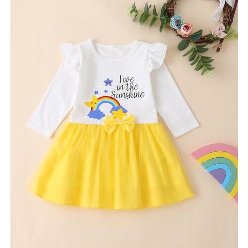 New Kids Dresses for Girls Rainbow Star Moon Letter Print Bow Flying Long Sleeve Patchwork Princess Dress Baby Girl Clothes 1-6Y