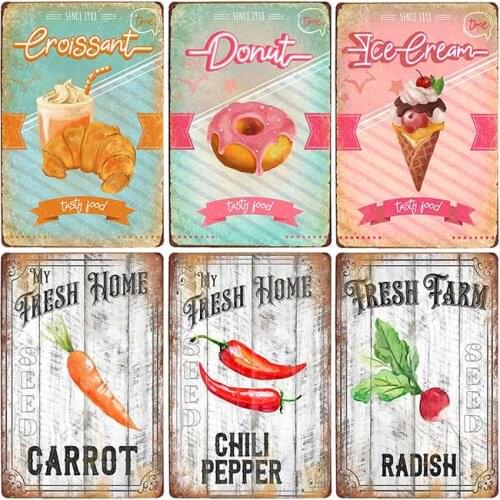 Farmhouse Decor Poster Organic Vegetable Fruit Metal Retro Sign Drink Shop Ice Cream Cake Macaron Cafe Wall Plaque Plate 20X30CM