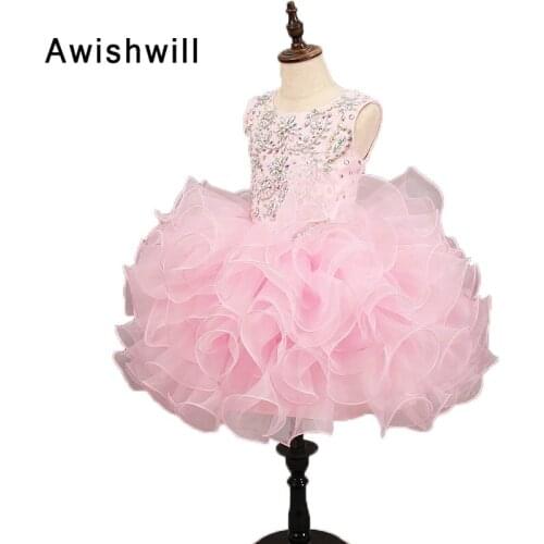 Real Photos Pink Communion Dresses Sleeveless Beadings Organza Short Flower Girl Dress 2020 For Wedding Party Girl Pageant Dress