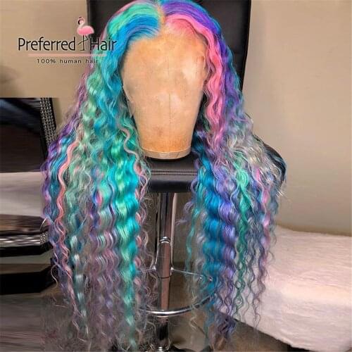 Preferred Colored Lace Front Wigs Preplucked Rainbow Lace Front Human Hair Wigs Deep Wave Frontal Wig Transparent Lace Wigs