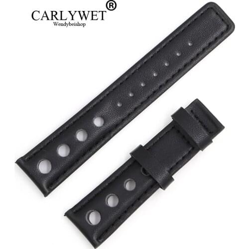 CARLYWET 20mm Real Calf Leather Handmade Black with Black Stitches Wrist Watch Band Strap Belt Without Clasp For T91 PRS516