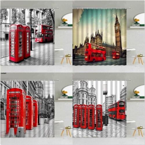 Retro London Red Bus Shower Curtain Big Ben Red Telephone Booth Landscape Bathroom Supplies Cloth Curtains Home Decor Washable