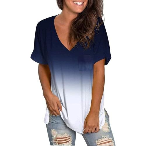 Tie-dye Shirts And Tops Plus Size Clothes 2021 New Womens Casual V-neck Gradient Pocket Loose Short Sleeve Shirt Blouse Tops