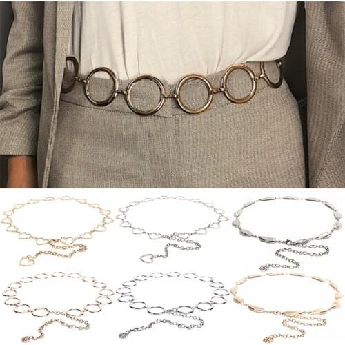 Silver Colour Ring Chain Belt Elegant Gold Metal Female Round Alloy Women Circle Waist Dress Belts