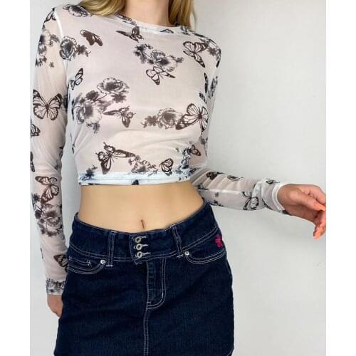 Fairy Butterfly Mesh T-shirt Sexy See Through Long Sleeve Skinny Autumn Tees Pullovers Y2K Vintage White Crop Top Women Clothes