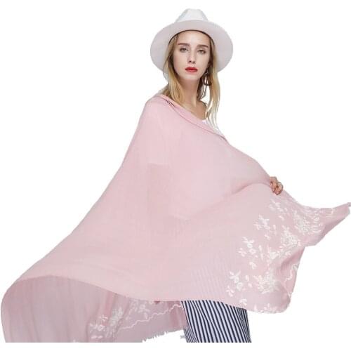 2021 new pure cotton embroidered wave lace scarf womens fashion autumn and winter long cotton hemp Embroidered Flower scarf