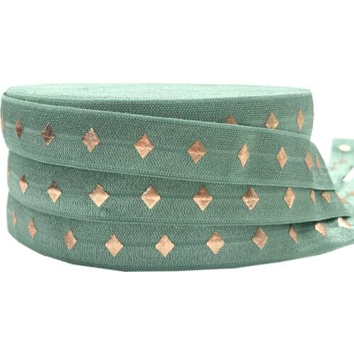 Gold Foil Diamond Print pea green Fold Over Elastic 5/8" Geometry FOE Elastic Mermaid Ribbon for DIY Headwear Hair Accessory 10Y
