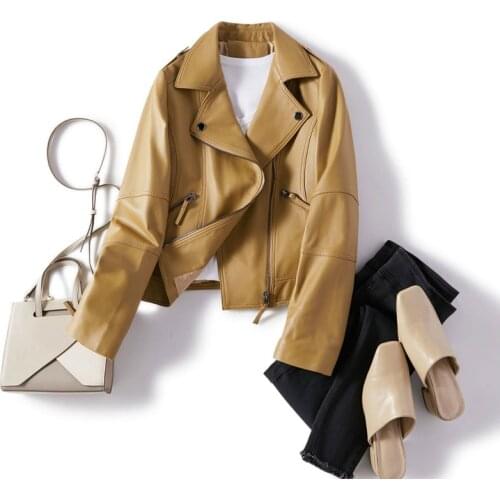 Womens Sheepskin Coat Genuine Leather Jacket Short Motorcycle Biker Jacket Spring Autumn Leather Coas Veste Cuir Femme 2620SK