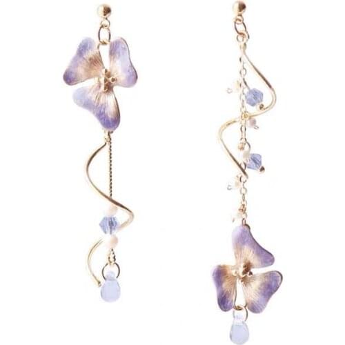 POTCET South Korea 2021 Fashion Trend Womens Asymmetrical Purple Flowers Pendant Earrings Retro Simple Earrings Trend Jewelry
