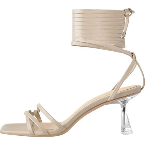 Onlymaker 2021 Women Square Split Toe Clear Kitten Low Spike Heels Ankle Wrap Nude Summer Shoes Ladies Fashion Comforty Big Size