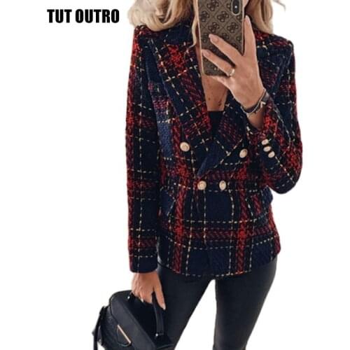 Winter Elegant Ladies Double Breasted Slim Office Ladies Jacket Female Fashion Outdoor Casual Jackets Plaid Coat Women