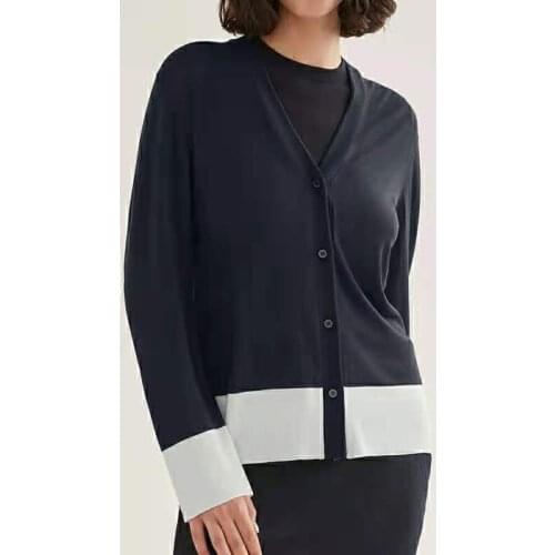 Women Sweater 2021 Autumn Loose and Versatile Contrast Color V-neck 100% Wool Knitted Cardigan Split Sweater