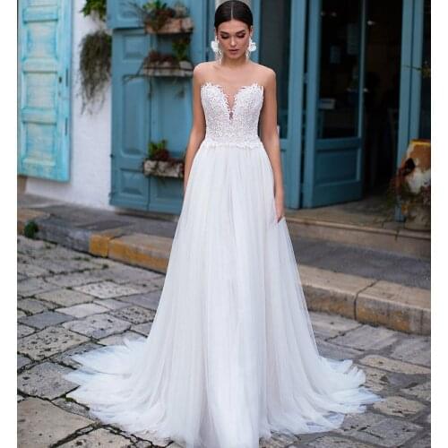 Elegant Long Shear Tulle White Wedding Dresses Illusion Back Court Train Vestidos de Novia Abendkleid Bridal Gown for Women