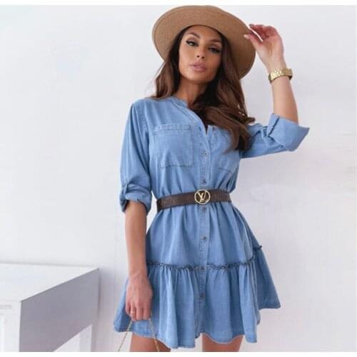Women Winter Fashion Chic Long Sleeve Ruffle Midi Denim Dress Casual Solid Color Button Dress Lady Elegant Vintage Streetwear