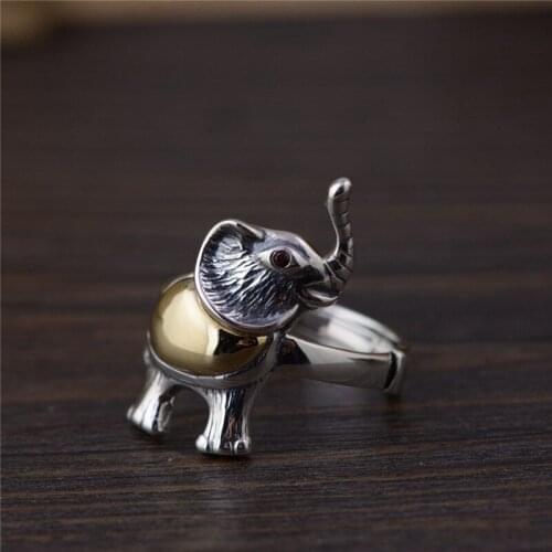 BESTLYBUY 100% Genuine 925 Sterling Silver Ring Animal elephant Antique Open Adjustable Wide Big Wedding Engraved Ring Jewelry