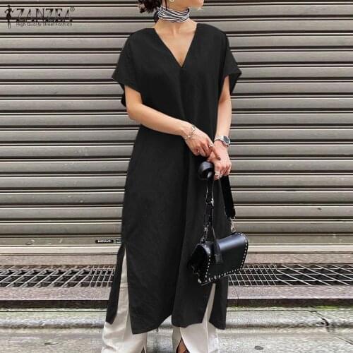 2021 ZANZEA Casual Split Hem Sundress Fashion Summer V Neck Short Sleeve Dress Elegant Solid OL Work Midi Vestidos Kaftan Robe