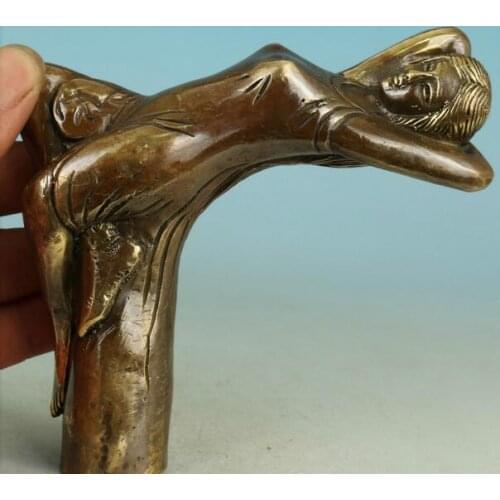Bronze Handmade Carved belle Collect Statue Walking Stick Head