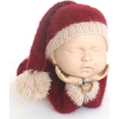 Baby Christmas Outfit Burgundy Baby Santa Hat Knitted Newborn Clothes Baby Oneise Romper Infant Pant Set Newborn Photo Prop