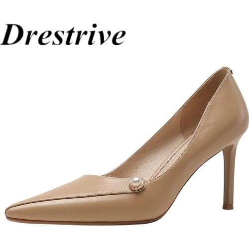 Drestrive Women Pumps Pointed Toe 2021 Summer Classics Thin High Heel Shoes Full Genuine Leather Khaki Shallow Cow Leather
