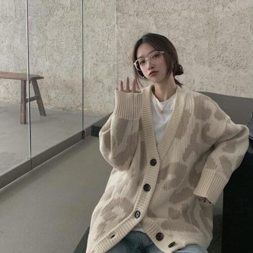 Womens Leopard Cardigan V-neck Loose Oversized Knitted Sweaters Autumn Winter Outwear Casual Warm Soft Korean Ulzzang Tops