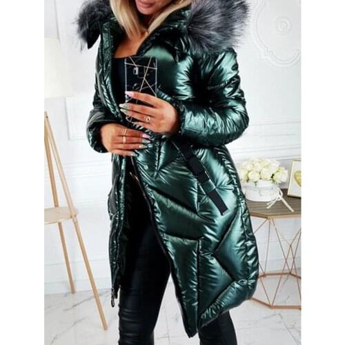 Jacket Women 2021 Winter Faux Fur Hooded Zipper Straight Mid-Length Padded Jackets Casual Streetwear Plus Size Ladies Warm Coat