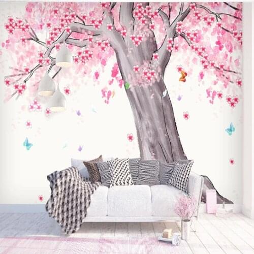 Custom Wall Murals Wallpaper Wall Painting Hand Painted Watercolor Cherry Tree Landscape Living Room TV Backdrop Mural De Parede