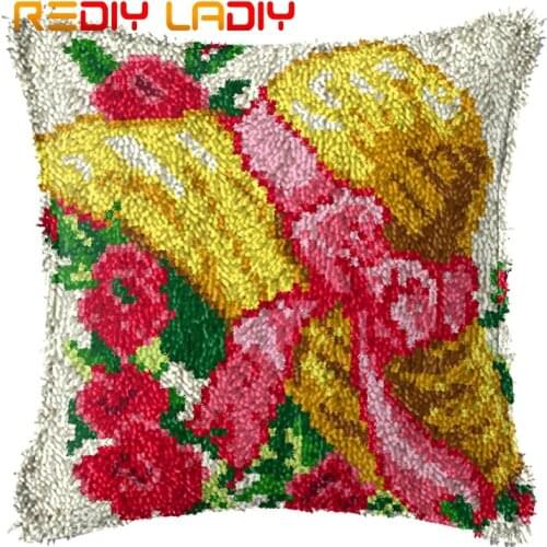 Latch Hook Cushion Hat Flowers Pre-Printed Canvas Cushion Front Acrylic Yarn Crochet Pillow Case Kits Sofa Bed Pillow Home Decor