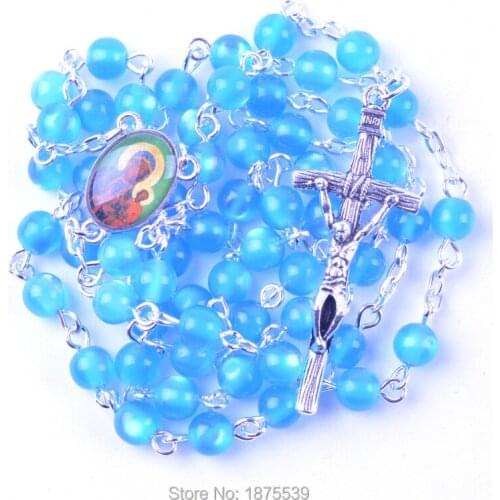 Blue Cat Eye Resin Rosary Necklace Two Side Different Photo Centers