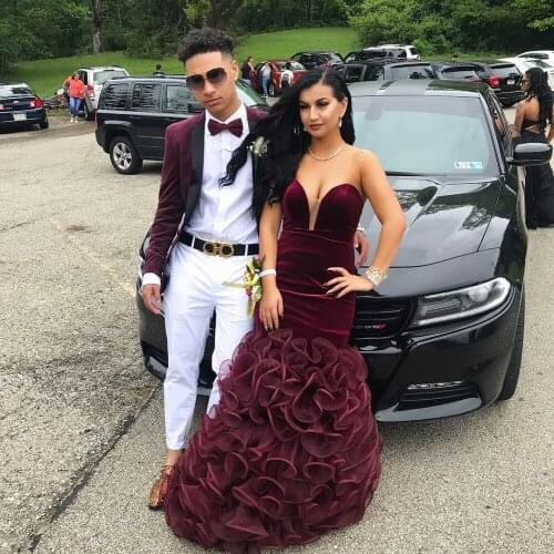 Sexy Strapless Mermaid Prom Dress Burgundy Velvet Sweetheart Ruffles African Formal Evening Dresses Plus Size Long Party Gowns