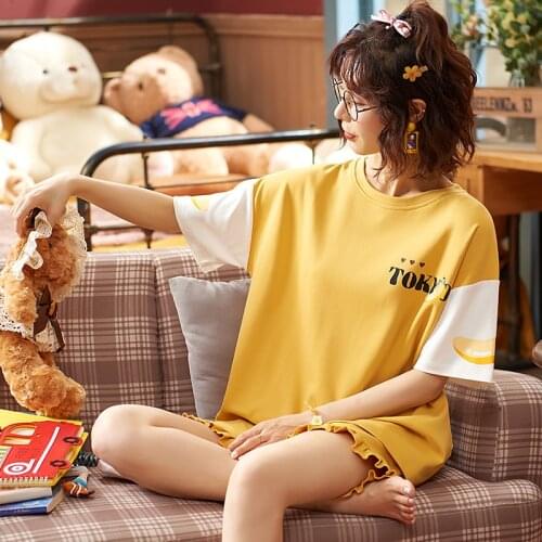 Simple Comfort Cotton Sleepwear Femme Homewear Summer Yellow Patchwork Energetic Girl Short Sleeve Shorts Pajamas Set Loungewear