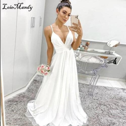 Simple V Neck Wedding Dress Bohemian 2021 Sext Spaghetti Straps A Line Backless Bridal Gowns With Pleats Beach Robe De Mariee