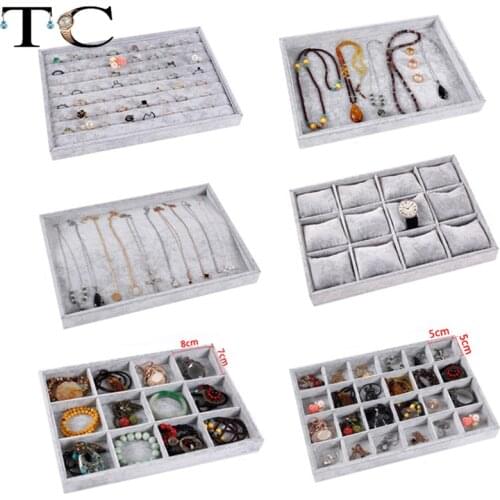 Gray Velvet Jewelry Display Tray for Necklace Pendant Organizer Box Wooden Flat Stackable Tray Holder Storage Showcase