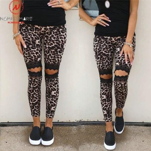 Fashion Women Summer Leopard Print Pants Patchwork Design Lace Decor Elastic High Waist Slim Hips Trousers for Streetwear